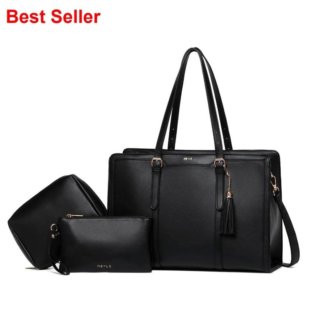 Large Leather Laptop Tote Bag with USB Charging Port, Adjustable Strap